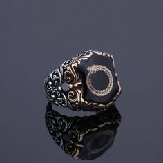 This special ring will be best part of your collection. This is a customization available vintage pagan statement ring for men. You can make customization on the top symbol. Can be Odin's bird Raven and Valknut, symbol of natural balance Thors Hammer, Gungnir, Vegvisir and troll cross etc..Please contact for your customization details. Looking for a unique, one of a kind GIFT FOR HIM, groomsman gift, father's day gift, teacher day gift? Look no further. This cool gemstone ring is the right answe Spiritual Open Ring Jewelry For Formal Occasions, Symbolic Engraved Open Ring Jewelry, Spiritual Engraved Open Ring Jewelry, Spiritual Open Ring With Intricate Design, Spiritual Black Engraved Sterling Silver Ring, Unique Black Sterling Silver Engraved Ring, Luxury Open Ring Stamped 925, Symbolic Intricate Design Promise Ring, Symbolic Promise Ring With Intricate Design