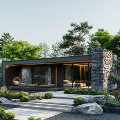 a modern house in the woods with stone steps leading up to it's entrance