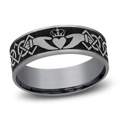 Symbolize love, friendship and loyalty when you give your significant other this striking Claddagh wedding band. Matte tantalum; black titanium A traditional Irish design in black titanium wraps around the center 7.5mm width The inside of the shank is rounded for comfort Engagement Ring For Him, Diamond Fashion Jewelry, Irish Design, Pnina Tornai, Lulu Frost, Jared The Galleria Of Jewelry, Platinum Wedding, Irish Traditions, Anniversary Jewelry