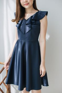 "*DHL shipping upgrade is available at check out process. Shipping part by DHL will take 3-6 days only. Production time may take around 2-3 weeks. If this is in rush you can convo us to make it sooner.:) A beautiful elegant navy shade dress to love. A new romantic design dress or gown for special event of you. The dress is feminine, sweet and modest look. Perfect for special party. Also custom length for this dress is available please convo. DESIGN✄: -V neckline with ruffle to back. -Fit and fla Elegant Blue V-neck Ruffle Dress, Elegant A-line V-neck Dress With Ruffles, Ruffled A-line V-neck Dress For Party, Ruffled A-line V-neck Party Dress, Knee-length Ruffled V-neck Party Dress, A-line V-neck Dress With Ruffles For Party, Knee-length V-neck Dress With Ruffles For Party, Evening A-line V-neck Dress With Ruffles, Fitted A-line V-neck Dress With Ruffles