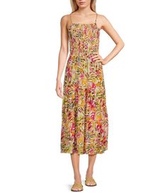 Rip Curl Copacabana Floral Print Smocked Midi Dress | Dillard's Tropical Floral Print, Tropical Floral, Rip Curl, Dillard's, Tie Backs, Pullover Styling, Smocking, Clothing Accessories, Bodice