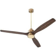 a ceiling fan with two wooden blades and a light on the top one is turned off