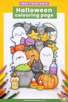 a halloween coloring page with lots of cats and pumpkins in the background, surrounded by colored pencils