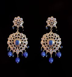 Rani haar made using real sapphire stones and beads with clear cz polki gold plated length is 14 inch on each side earrings included Elegant Blue Kundan Necklace With Intricate Design, Elegant Kundan Jeweled Danglers, Elegant Jeweled Kundan Danglers, Fusion Style Blue Kundan Jewelry, Elegant Blue Jewelry With Stone Work, Blue Jewelry For Reception And Festivals, Kundan Earrings With Stones For Wedding, Elegant Blue Kundan Necklace For Reception, Elegant Stone Earrings For Festive Occasions