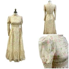 1970s Vintage Romantic Maxi Dress -Cottagecore- in warm ivory with pink and gold flowers, with green leaves. Features a super-smocked bodice, and most of the puffed sleeves. It has lovely vintage accents of daisy chain lace around the sleeves, around the high Victorian style collar, and on the wide waistband. It has a long back metal zipper and is lined all but the sleeves. It is in excellent ready-to-wear condition. Would make a perfect Victorian costume as well. Chest:34" Waist:28" Hips:44" Sh Vintage Cottagecore Outfits, Cottagecore Pink, Romantic Maxi Dress, Farm Dress, Cottagecore Outfits, Victorian Costume, Dress Cottagecore, Vintage Fits, Daisy Chain