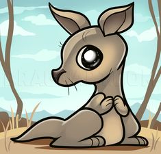 a cartoon kangaroo sitting on the ground with trees in the background