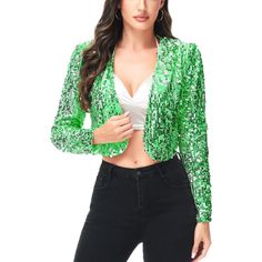 Add a touch of glamour to your outfit with the Anna-Kaci Women's Sequin Bedazzled Long Sleeve Bolero, featuring shimmering sequins and adjustable spaghetti straps for a customizable fit. This dazzling bolero is perfect for pairing with a fitted skirt, skinny jeans, or any bottoms, making it a versatile addition to your wardrobe. Glamorous Long Sleeve Holiday Outerwear, Winter Sequin Blazer, Long Sleeve Spring Party Blazer, Festive Long Sleeve Party Outerwear, Fitted Party Outerwear For Festive Occasions, Spring Party Blazer With Long Sleeves, Festive Party Long Sleeve Outerwear, Long Sleeve Spring Blazer For Parties, Glamorous Long Sleeve Blazer For Party Season