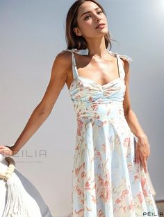 Peilia - Womens Elegant Floral Print Cami Dress with Sleeveless Design and Ruched Slim Waist - Fashionable Womens Clothing Elegant Floral, Slim Waist, Cami Dress, Types Of Printing, Off The Shoulder, Collar Styles, Floral Print, Floral Prints, Sleeve Length