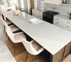 a large kitchen island with chairs around it