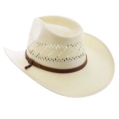 Soft touch construction; 100% shantung straw; 4 1/4" vented crown; 3 1/2" flared brim; Leather hat band; Adjustable chin cord; Cotton sweatband, unlined White Adjustable Sun Hat, White Straw Hat Bands For Ranch, Adjustable Brimmed Straw Hat For Country Events, Adjustable Fit Flat Brim Straw Hat For Country Events, Adjustable Flat Brim Straw Hat For Country Events, Kentucky Derby Toquilla Straw Sun Hat, White Single Vent Straw Hat For Western-themed Events, White Straw Hat Bands For Country Events, White Single Vent Sun Hat For Summer