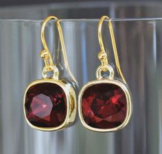 Rich Burgundy Square Swarovski Crystals Set in by CJRoseBoutique Gold Drop Earrings With Birthstone, Gold Crystal Earrings With Ear Wire For Formal Events, Gold Crystal Earrings With Ear Wire For Formal Occasions, Gold Crystal Ear Wire Earrings For Formal Occasions, Classic Gold Crystal Earrings Gift, Classic Gold Crystal Earrings With Ear Wire, Classic Gold Crystal Earrings For Gift, Gold Nickel-free Crystal Earrings For Anniversary, Gold Crystal Earrings Nickel Free For Anniversary