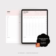 the printable planner is displayed on top of a tablet and next to it is a black