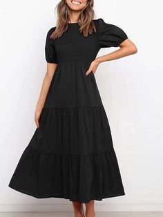 Women's Dresses Gathered Short Sleeve Ruffle Dress Ruched Tiered Midi Dress, Solid Ruched Tiered Midi Dress, A-line Non-stretch Dress With Ruffles, Non-stretch Midi-length Ruched Dresses, Fitted Short Sleeve Maxi Dress With Ruffle Hem, Fitted Tiered Puff Sleeve Dress For Daywear, Fitted Puff Sleeve Tiered Dress For Daywear, Elegant Non-stretch Dress With Ruffle Hem, Solid Midi Dress With Ruffles