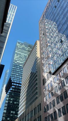 several tall buildings are shown against the blue sky