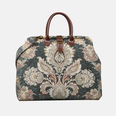 Baroque Garden Grey Carpet Handbag Purse – MCW CARPETBAGS Travel Bag With Rolled Handles, Travel Handheld Bag With Rolled Handles, Handheld Travel Bag With Rolled Handles, Elegant Tapestry Bags For Everyday Use, Elegant Beige Weekender Bag With Double Handle, Elegant Beige Double Handle Weekender Bag, Elegant Tapestry Tote Bag, Elegant Tapestry Shoulder Bag With Leather Handles, Elegant Tote Travel Bag