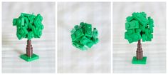 three different views of a green tree made out of legos and plastic parts,