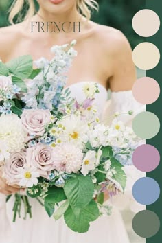 a woman holding a bouquet of flowers in front of a color swater with the words french on it