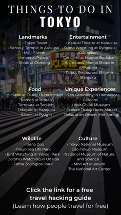 an advertisement for tokyo with the words things to do in tokyo on it and other destinations