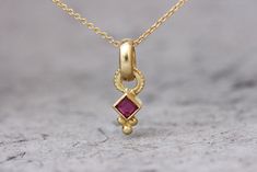 "Amazing gold and a ruby necklace in 14k, 18k, or 22k solid yellow gold / 14k white or rose gold, in a boho antique style design. This gold boho necklace is stunning and unique. This necklace has a decorated vintage style pendant hanging from a wide gold hoop. The pendant is adorned with a rhombus Ruby in the center, and 3 gold dots at the bottom. The elaborate design, combined with the gold and pink color scheme adds a lot of character and gives an ethnic and vintage style look to this necklace Gold Boho Necklace, Gold Ruby Necklace, Necklace Gold Pendant, Gold Necklace Dainty, 22k Gold Jewelry, Beautiful Gold Necklaces, 18k Gold Necklace, Solid Gold Necklace, Dainty Gold Necklace