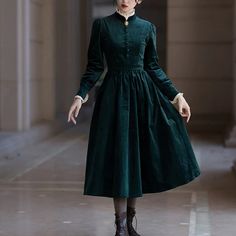 Dark green lady's corduroy dress – remulia Velvet A-line Dress For Winter, Long Sleeve Winter Costume Dress, Winter Long Sleeve Costume Dress, Winter Costume Long Sleeve Dress, Winter Costume Dress With Long Sleeves, Vintage Long Sleeve Dress For Fall Costume Party, Fall Long Sleeve Vintage Dress For Costume Party, Gothic Velvet Dress For Fall, Green Velvet Dress For Fall