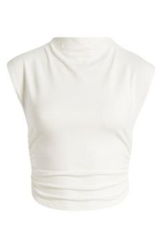 Break out of the shell habit with this cropped and ruched top styled with cap sleeves and a slouchy mock neck in a super-stretchy organic cotton. 19" length (size Medium) 88% organic cotton, 12% spandex Machine wash, tumble dry Made in the USA White Ruched Cropped Top, White High Neck Cotton Top, Chic High Neck Cotton Tops, Fitted Funnel Neck Cotton Tops, Fitted Cotton Funnel Neck Top, Fitted Cotton Top With Funnel Neck, White Fitted High Neck Tank Top, White Fitted Turtleneck Tank Top, White Fitted Funnel Neck Top