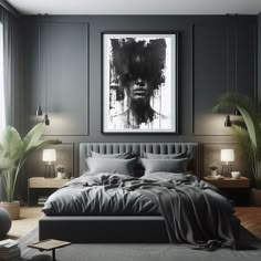 a bedroom with grey walls and a large painting on the wall above the headboard