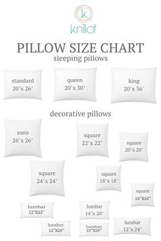 the pillow size chart for pillows is shown in different sizes and colors, including white