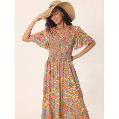 A floral maxi dress featuring a round neckline, short sleeves, and a shirred waist with a flowy silhouette. The semi-loose cut of this dress paired will quickly make this dress a favorite! This color is 100% Rayon, for a better dress experience, suggest ironing it low before wearing it! Enjoy all of the compliments in this bohemian maxi dress! Great for casual, work, beach, date, party, honeymoon, holiday, family gatherings and photoshoots, etc. Multicolor Maxi Dress With Elastic Waistband For Summer, Garden Party Maxi Dress With Gathered Waist, Maxi Dress With Gathered Waist For Garden Parties, Spring Short Sleeve Dresses With Elastic Waistband, Elegant Multicolor Maxi Dress With Elastic Waistband, Multicolor Smocked Bodice Short Sleeve Dress, Short Sleeve Maxi Dress With Gathered Waist For Spring, Summer Dresses With Elastic Waistband And Flutter Sleeves, Spring Maxi Dress With Gathered Waist And Short Sleeves