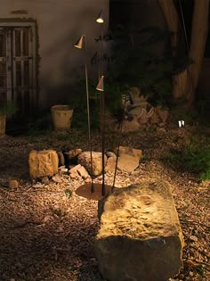 there is a rock and some lights in the yard