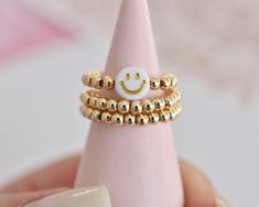 Gold Filled Smiley Face Ring Stacking Rings Beaded Ring - Etsy Cute Gold Stackable Jewelry, Cute Gold Ring Jewelry, Playful Ring Jewelry Gift, Playful Smiley Face Jewelry For Gifts, Cute Adjustable Gold Rings, Smiley Face Adjustable Jewelry For Gifts, Cute Adjustable Gold Ring, Adjustable Smiley Face Jewelry Gift, Adjustable Smiley Face Jewelry For Gifts