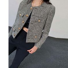 Korean Women's Single Breasted Brand Luxury · Shop Zola · Online Store Powered by Storenvy Retro Suits, Black And White Tweed, Retro Jacket, Retro Tops, White Tweed, Tweed Coat, Button Jacket, Woolen Coat, Coat Outfits