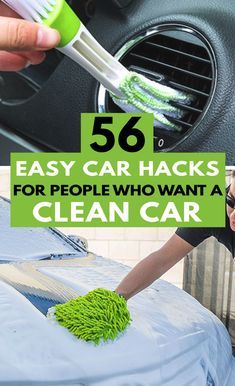 a woman cleaning the inside of a car with a green cloth and a spray bottle