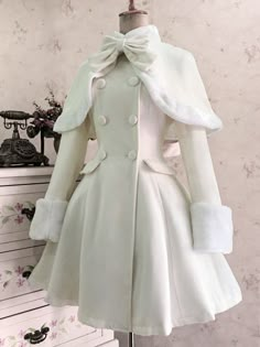 Shawl Coat Outfit, Aesthetic Winter Accessories, Winter Dress And Coat Outfit, Adorable Winter Outfits, White Dress With Jacket Outfit, Snowman Inspired Outfit, Princess Winter Coat, Soft Winter Outfits Aesthetic, Elegant Winter Clothes