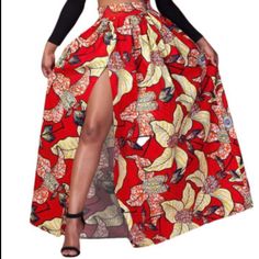 Brand New/Nwot Africa Fashion Pattern Red & Yellow Floral Printed High Split Maxi Skirt Side Pockets Approx 13” Across Waist (Unstretched) & 42” Long Dashiki Skirt, Skirts Pattern, Vintage Maxi Skirt, Womens Skirt Suits, African Print Clothing, Textured Skirt, African Print Dresses, African Print Fashion Dresses, Floral Maxi Skirt