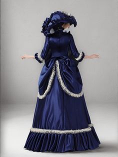 Step back in time with the Navy Blue Majesty Medieval Dress, a stunning homage to the grandeur of the past. This plus-size baroque ball gown radiates regal elegance, featuring opulent golden lace trim that catches the light with every graceful movement. The rich navy hue conjures images of midnight skies over medieval castles, while the intricate lacework harkens to the luxurious baroque period. Designed for the modern woman who appreciates historical beauty, this gown is a perfect blend of past Blue Baroque Wedding Dress, Baroque Historical Design Gown For Costume Party, Elegant Baroque Gown For Costume Party, Vintage Baroque Gown For Costume Party, Elegant Floor-length Victorian Dress For Costume Party, Elegant Fitted Blue Victorian Dress, Blue Baroque Vintage Dress, Blue Vintage Baroque Dress, Vintage Blue Baroque Dress