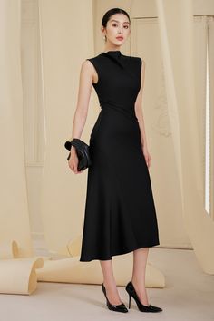 Inez A-line Sleeveless Viscose Midi Dress | MEAN BLVD Office Wear Dresses, Midi Black Dress, Model Clothes, Career Outfits, Mean Blvd, Iphone Instagram, Office Dress, Sleeveless Long Dress, Witch Art