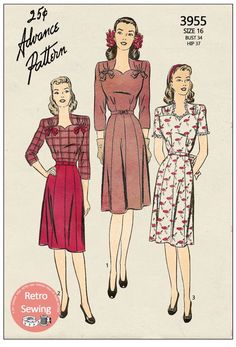 1940s Frock with sweetheart neckline with or without ruffles and a side placket fastening that you can either close with snaps or a zip. The skirt is paneled and the sleeves can be short or long. There is a belt to match with or without a bow and you finish the front bodice with a bow either side on Tea Dress Pattern, 1940s Dress Pattern, 1940s Costume, Blithe Spirit, Patron Vintage, Fashion 1940s, Dresses By Pattern, Pretty Tea, Home Sewing