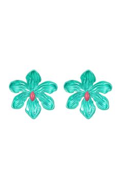 pair of turquoise flower clip earrings on white background