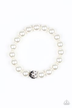 Pearly white beads are threaded along a stretchy band around the wrist. Radiating with white, black, and smoky rhinestones, a black and white bead adorns the center for a refined flair.

 Sold as one individual bracelet. White Bracelet, White Bracelets, Paparazzi Accessories, Rhinestone Bracelet, Paparazzi Jewelry, White Beads, Pearl Bracelet, Stretch Bracelets, Pearl White