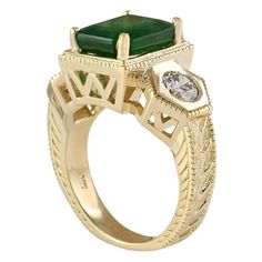 Stamped: 14K Yellow Gold Total Ring Weight: 11.4 Grams Ring Length: N/A Ring Width: N/A Gemstone Weight: Total Natural Emerald Weight is 3.74 Carat (Measures: 10.20x8.80 mm) Color: Green Diamond Weight: Total Natural Diamond Weight is 0.94 Carat Quantity: 2 Color: F-G, Clarity: VS2-SI1 Face Measures: 12.40x11.30 mm Sku: [703901W] Yellow Gold Emerald Cut Multi-stone Ring, Yellow Gold Gemstones With Halo Setting For Anniversary, Anniversary Yellow Gold Gemstones With Halo Setting, Luxury Cluster Ring With Accent Stones In 14k Gold, 14k Gold Art Deco Ring With Bezel Setting, Yellow Gold Art Deco Ring With Bezel Setting, Luxury 14k Gold Cluster Ring With Accent Stones, Art Deco 14k Gold Ring With Bezel Setting, Heirloom Emerald Ring With Accent Stones In 14k Gold