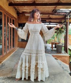 Cream Long Dress With Ruffles, Bohemian Long Cream Dress, Bohemian Long Cotton Dress, Cream Long Bohemian Dress, Bohemian Cotton Dress With Long Skirt, Bohemian Cream Long Dress, Beige Ruffled Maxi Dress, Cream Bohemian Long Dress, Maxi Length Festival Dresses With Ruffles