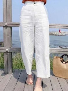 Women's Cotton Linen Casual Ninth Pants Spring Wide Leg Ankle-length Pants With Pockets, Spring Ankle-length Wide Leg Pants With Pockets, Casual Ankle-length Wide Leg Pants For Work, Ankle-length Solid Color Bottoms For Spring, Solid Color Ankle-length Wide Leg Pants For Spring, Spring Solid Color Ankle-length Wide Leg Pants, Solid Ankle-length Wide Leg Pants For Spring, Spring Ankle-length Bottoms In Solid Color, Spring Ankle-length Solid Color Bottoms