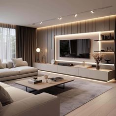 a living room with couches, tables and a television on the wall in it