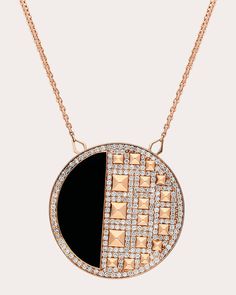 Crafted from 18-karat rose gold, this medallion pendant features a semi circle of inlaid black onyx and dimensional pyramid-like details throughout. Round-cut, pavé-set diamonds add shimmering appeal. From Terzihan's Cairo Collection, inspired by one of the oldest, richest and most noble civilizations. 18k rose gold, black onyx and diamond Carat: 3.45 ctw diamond, 36 ctw black onyx Diamond color: F Diamond clarity: VS Polish with soft cloth Made in Turkey Measurements Chain length: 27.55in Penda Gold Medallion, Diamond Carat, Fancy Jewelry, Diamond Color, Diamond Clarity, Cairo, 18k Rose Gold, Black Onyx, Gold Black