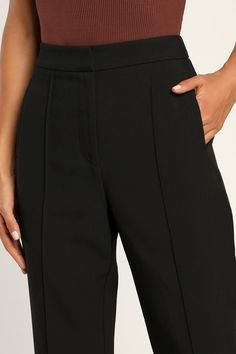 From the desk to after-hours fun, the Lulus Chic Business Black High-Waisted Trouser Pants will have you looking fab! Stretch-woven fabric shapes these chic trousers with a seamed detail that travels down the tapered legs to ankle-length hems. Functional side pockets frame the high waistband that has a hidden fly with clasp closure and top button, while a decorative welt pocket adorns the back. Fit: This garment fits true to size. Length: Ankle length. Size medium Inseam: 28.00 Front Rise: 11.00 Trendy Seam-detailed Bottoms For Work, Chic Fitted Wide Leg Pants With Seam Detailing, Chic High Waist Pants With Seam Detailing, Chic High-waist Pants With Seam Detailing, Chic Tapered Leg Pants With Seam Detailing, Chic Pants With Seam Detailing For Business Casual, Chic Business Casual Pants With Seam Detailing, Chic Pants With Seam Detailing And Tapered Leg, Workwear Trousers With Seam Detailing