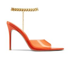 Chic meets cool in this Flor de Maria Miranda mule. The orange shade is a must-have in your closet this Fall. These leather heels rest on a 100mm stiletto, featuring an eye-catching metal chain strap, that will elevate any outfit. Remove the anklet or wear it on just one foot for a completely different look. It’s three shoes in one! Handmade Comes with a gold-tone anklet Padded Leather insole Leather outsole Color: Orange Material: Leather and PVC Heel height: 4" (100 mm) Comes with a dust bag Cream Mini Dress, Shoe Story, Orange Heels, Nude Flats, Fuchsia Dress, Silky Blouse, Orange Material, Red Jumpsuit, Pumps Flat