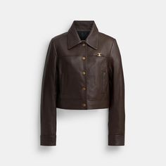 Detailed with Heritage C Plaque this fitted shrunken jacket is crafted of soft supple leather. The boxy slightly cropped silhouette is finished with a traditional pointed collar slip pockets and snap buttons. | Coach Heritage C Snap Front Shrunken Jacket - Women's Size XS - Brown