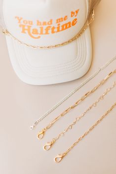 Large gold paperclip trucker hat chain. Comes with lobster claw clasp so they can be moved from trucker hat to trucker hat! Trendy Adjustable Paperclip Chain Necklace, Trendy Adjustable Gold Hats, Trendy Adjustable Everyday Chain Necklace, Trendy Adjustable Chain Necklace For Everyday, Adjustable Gold Hats As Gift, Adjustable Gold Hats For Gifts, Trendy Gold Hat As A Gift, Hat Chain, Chain Gold