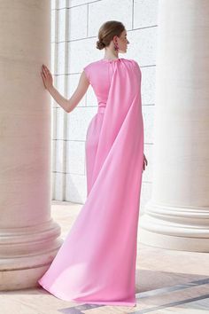 Efflores Pegged Round Neck Silk Floor Length Dress | MEAN BLVD Pre-draped Floor-length Silk Dress For Gala, Floor-length Silk Gown For Banquet, Elegant Formal Maxi Dress With Long Train, Elegant Maxi Dress With Long Train For Gala, Luxury Full-length Maxi Dress For Evening, Elegant Silk Dress With Long Train, Elegant Pink Gown With Cape Sleeves, Floor-length Pre-draped Silk Dress For Gala, Silk Floor-length Evening Dress For Banquet