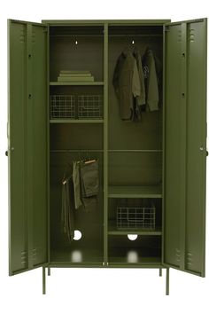 We are so excited to welcome these stunning lockers by Mustard Made. The Twinny is the Skinny's big sister - more than just a wardrobe, it's all of your colourful storage dreams in one! The same width as The Midi + the same height as The Skinny, but a little bit deeper for extra hanger space! Inside  Four adjustable shelves, four handy hooks (two on the inside of each door), two hanging rails (can be removed), two cable holes, wall attachment points. Outside  Handles, locks, custom keyrings, mustard logo, air vents. Measurements Height 183cmWidth 85cmDepth 50cm Please note: These pieces are custom ordered and can take up to 2 weeks to be delivered. *Unfortunately we cannot deliver Mustard Made products to PO Box addresses  **Please note: all Mustard Made lockers come flat and will require Glasgow Apartment, Whimsigoth Bedroom, Space Kids Room, Locker Ideas, Clothes Cabinet, Future Furniture, Hang Artwork, Colorful Storage, Dark Modern